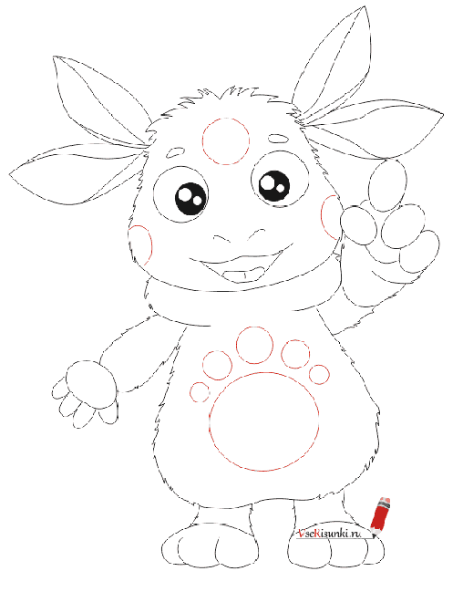 But first draw small circles on Luntik's body - on the forehead, cheeks and torso