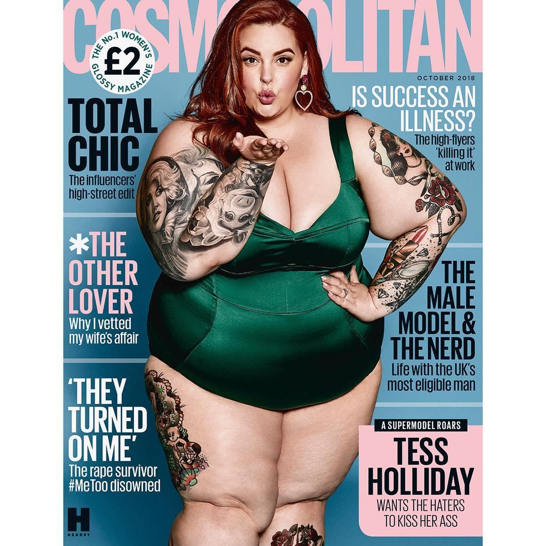 Cosmopolitan попал под огонь за использование   размер 26 Тесс Холлидей в качестве обложки   с некоторыми людьми, утверждающими, что это «способствует ожирению»